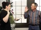 Rod McCleary is sworn in as a new commissioner by County Clerk Marie Allen during Tuesday’s meeting. (Record Photo) McCleary is appointed to commission