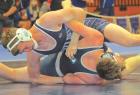 SCHS junior Kale Wheeler turns Tathen Lovewell (Hays-TMP) to his back for a fall during action in the 160-pound division at the J.R. Durham Invitational last Saturday. (Record Photo) McDaniel, Bowers add to gold medal collection at Norton