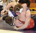 Scott City 150-pounder Matthew Wheeler puts Colby’s Eric Schroeder to his back for near-fall points on his way to a 14-0 major decision during Saturday’s action at the Norton tournament. (Record Photo)
