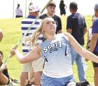 Scott City freshman Payson Campbell competes in the javelin during the GWAC track meet at Cimarron last Thursday. R( ecord Photo)