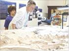 Sandi Unruh, Marienthal, takes a closer look through a microscope at an elasmosaurus fossil that’s in the preparation stage in the Western Kansas Fossil Lab in the El Quartelejo Museum. (Record Photo)