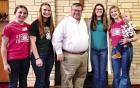 State Rep. Ken Rahjes, a judge for the senior public speaking events, is pictured with Regional Club Day room monitors and West Plains District 4-H Ambassadors (from left) Marin Kerr (Scott County), Kate Rogers (Scott County), Taylor Knoll (Finney County) Area 4-H youth learn skills in Regional Club Day competition