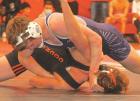 Scott City’s Kale Wheeler, a 160-pound junior, turns Clay Center’s Brett Loader to his back for a second period fall during consolation round action at the Class 4A sub-state tournament in McPherson last Saturday. (Record Photo) Bowers claims sub-state title; McDaniel, Rohrbough to state