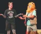 Marty (Joslyn Frohlich) shares her dream to be free from the zoo and tries to convince Alex (Andrew See) to escape with her. (Left) The penguins (from left) Emma Molina, Micah Dreiling, Trace Jessup and Ashton Cooper.