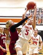 Dighton junior Rylee Myers (5) puts up a shot against defensive pressure from Wichita County’s Emma Berning during Tuesday’s non-league game. (Record Photo) Dighton junior Rylee Myers (5) puts up a shot against defensive pressure from Wichita County’s Emma Berning during Tuesday’s non-league game. (Record Photo)