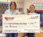 Scott City Elementary early childhood teacher Heather Palkowitsh (left) is presented with a Wheatland Electric Sharing Success grant from Samantha Garcia, WEC member services manager.