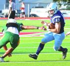 SCHS junior runningback Matthew Wheeler cuts inside a Salina South defender during action at the pre-season Jamboree held in Great Bend last Friday. (Record Photo) SCHS junior runningback Matthew Wheeler cuts inside a Salina South defender during action at the pre-season Jamboree held in Great Bend last Friday. (Record Photo)