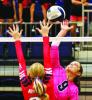 SCHS senior Peyton Gentry gets a kill over a Hays-TMP blocker during Saturday’s tournament semi-finals. (Record Photo)
